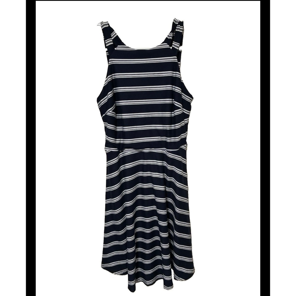 by &by Navy Blue White Striped Sleeveless Fit and Flare Skater Dress Small